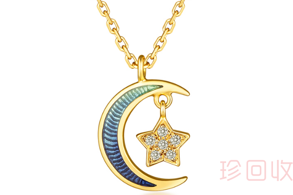 六福珠宝18K金珐琅工艺星月童话钻石项链